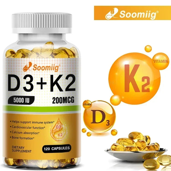 Vitamin D3 5000IU and 200 Mcg Vitamin K2 (MK-7) Capsules for Calcium Absorption, Bone Regeneration, Immune Support, Easy To Melt in Pakistan Vitamin D3 5000IU and 200 Mcg Vitamin K2 (MK-7) Capsules for Calcium Absorption, Bone Regeneration, Immune Support, Easy To Melt in Pakistan