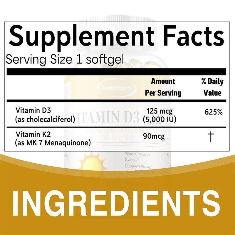Vitamin D3 + K2 - Supports Brain, Joint, Bone and Heart Health, Promotes Metabolism