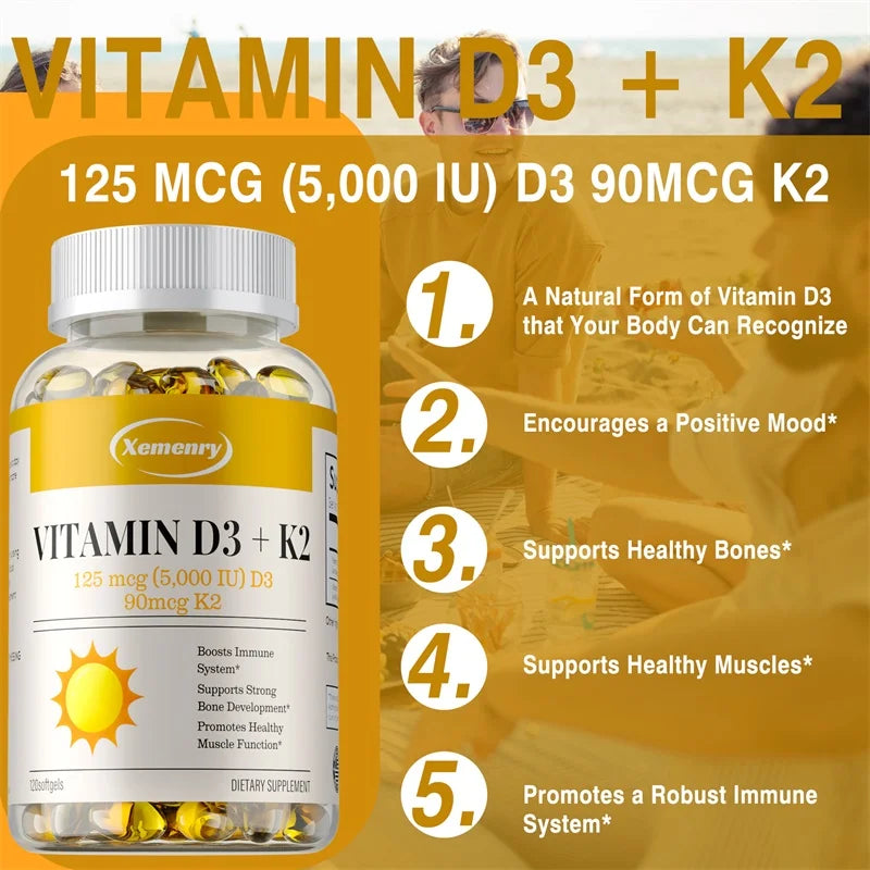 Vitamin D3 + K2 - Supports Brain, Joint, Bone and Heart Health, Promotes Metabolism