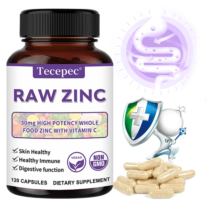 Zinc Vitamins - Raw Zinc Whole Food Supplement with Vitamin C, Vegetarian, for Skin Health, Immune & Digestive Function