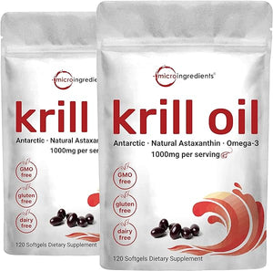 2 Pack Antarctic Krill Oil Supplement, 1000mg Per Serving, 120 Soft-Gels Each, Rich in Omega-3s, EPA, DHA & Astaxanthin, Supports Brain Health, Premium Krill Oil Capsules Liquid Softgels in Pakistan