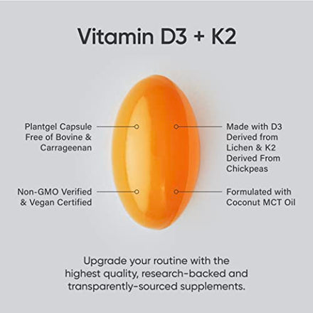 Sports Research Vitamin D3 + K2 with 5000iu of Plant-Based D3 & 100mcg of Vitamin K2 as MK-7 Non-GMO Verified & Vegan Certified,Softgel (60ct)