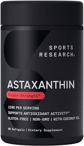 Sports Research Triple Strength Astaxanthin 12mg with Organic Coconut Oil - Antioxidant Supplement, Non-GMO Verified & Gluten Free - 60 Softgels in Pakistan