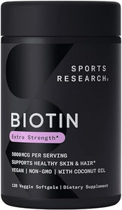 Sports Research Vegan Biotin 5000mcg with Organic Coconut Oil - Extra Strength Biotin Vitamin B7 for Healthier Hair & Skin + Keratin Support - Non-GMO & Gluten Free, 120 Softgels (4 Month Supply) in Pakistan