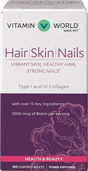 Vitamin World Hair, Skin and Nails Formula 120 caplets, Biotin B-7 Vitamin, Healthy Hair, Skin, Nails, Type I and III Collagen, Coated, Gluten Free in Pakistan