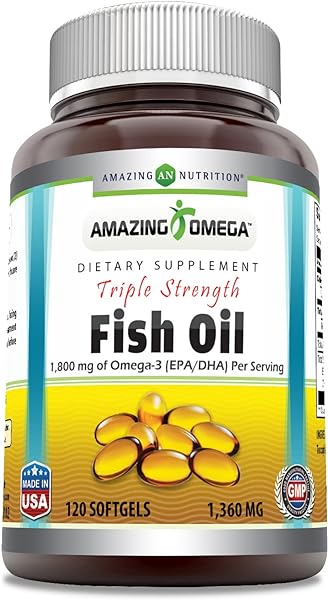 Amazing Omega Triple Strength Fish Oil Supplement | Unflavored | 1360 Mg Per Serving | 120 Softgels | Non-GMO | Gluten-Free | Made in USA in Pakistan