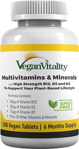 Vegan Multivitamins & Minerals for Women and Men with High Strength Vitamin B12, D3 & K2. 180 Multivitamin Tablets - 6 Months Supply. Vitamins for Vegans & Vegetarians in Pakistan