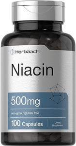 Niacin | Vitamin B3 500mg | 100 Capsules | with Flushing | Non-GMO, and Gluten Free Supplement | by Horbaach in Pakistan