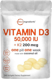 Vitamin D3 50,000 IU Plus K2 (MK-7) 200 mcg, 240 Virgin Coconut Oil Softgels | 2 in 1 Vitamins D & K Complex | Supports Calcium Absorption, Bone, Immune, & Heart Health | Easy to Swallow in Pakistan