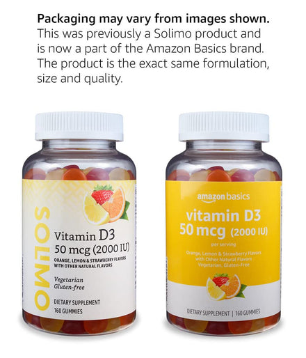 Amazon Basics Vitamin D3 2000 IU Gummies, Orange, Lemon & Strawberry, 160 Count (2 per Serving) (Previously Solimo)
