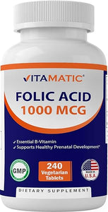 Vitamatic Folic Acid 1000 mcg (1 mg) - Vegetarian Tablets - 1667 mcg DFE - Vitamin B9 (240 Count (Pack of 1)) in Pakistan