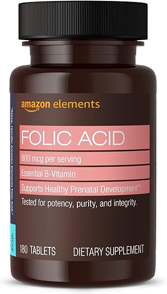 Amazon Elements Folic Acid 800 mcg per serving, Tablet, 180 Count, Pack of 1, Women's Dietary Supplement for Healthy Prenatal Development, 6 Months of Supply in Pakistan