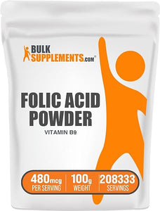 BULKSUPPLEMENTS.COM Folic Acid Powder - Vitamin B9, Folic Acid Supplement, Folic Acid Prenatal Vitamins - Folate Supplement, Folic Acid 800 mcg - Pure, 480mg per Serving, 100g (3.5 oz) in Pakistan