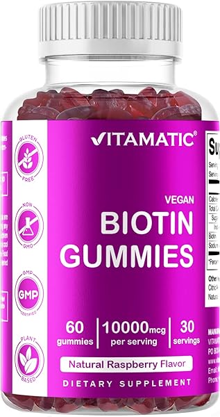 Vitamatic Biotin Gummies 10,000 mcg for Stronger Hair, Skin & Nails - 60 Vegan Gummies - Also Called Vitamin B7 (1 Bottle) in Pakistan