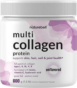 Multi Collagen Protein Powder 600g - 5 Types (I, II, III, V, X) Grass-Fed & Pasture-Raised | with Biotin 5000mcg, Vitamin C & Hyaluronic Acid | Keto, Paleo, Unflavored (54 Servings) in Pakistan
