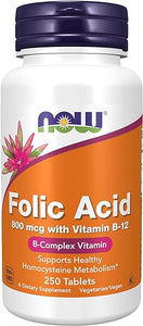 NOW Supplements, Folic Acid 800 mcg + B-12 (Cyanocobalamin) 25 mcg, B Complex Vitamin, 250 Tablets in Pakistan