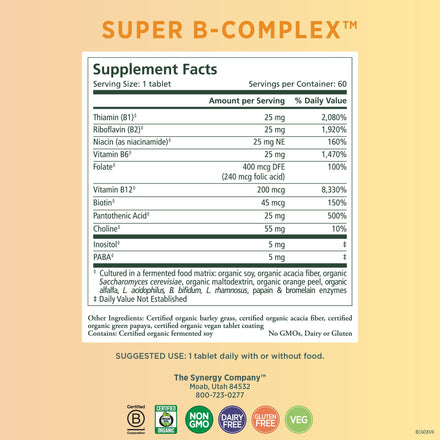 PURE SYNERGY Super B-Complex | Vitamin B Complex Made with Organic Whole Foods | Vegan Supplement with Natural Vitamin B12, Niacin, and Folate | for Energy, Focus and Mood Support (60 Tablets)