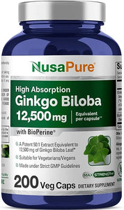 NusaPure Ginkgo Biloba Extract 12,500mg per Veggie Caps 200 Capsules (Vegetarian, Non-GMO, Gluten Free, Extract 50:1) Bioperine in Pakistan