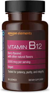 Amazon Elements Vitamin B12 Methylcobalamin 5000 mcg - Normal Energy Production and Metabolism, Immune System Support - 2 Month Supply, Berry Flavored Lozenges, 65 Count (Pack of 1) in Pakistan