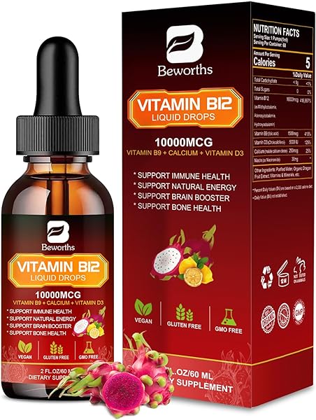 Vitamin B12 Liquid - Vitamin B12 Sublingual Liquid Drops | Methylcobalamin B12,10000mcg Formula with Vitamin B9, Vitamin D3, Calcium | Vegan B12 Vitamins Support Energy & Mood, Memory, Immune System in Pakistan