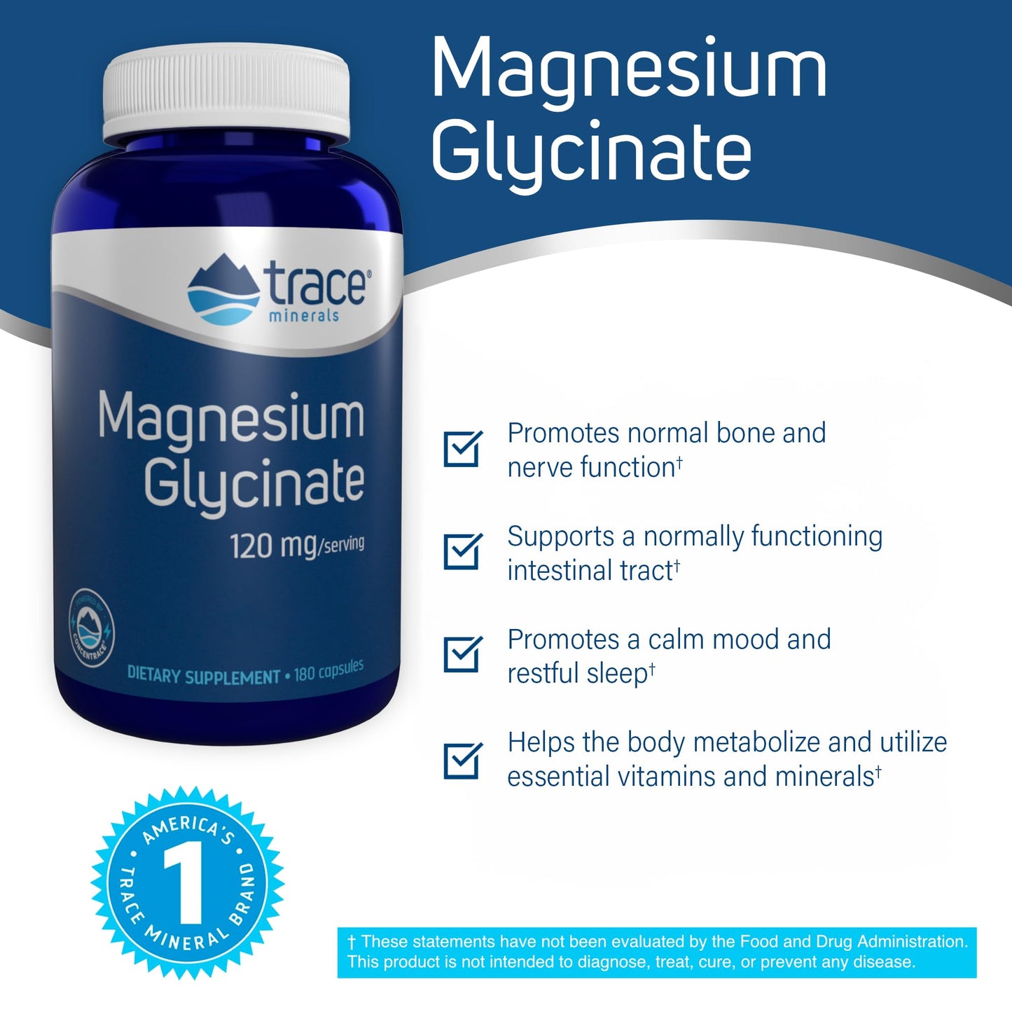 Trace Minerals Magnesium Glycinate Capsules | 120 mg Supports Normal Sleep, Calm Mood, and Maintains Normal Muscle, Liver, Bone & Nerve Function | 180 Count