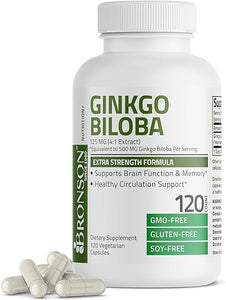 Bronson Ginkgo Biloba Extra Strength 125mg (4:1 Extract) Equivalent to 500mg per Serving - Supports Brain Function & Memory Support, 120 Vegetarian Capsules in Pakistan