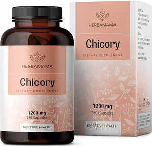 HERBAMAMA Organic Chicory Root Supplement - Supports Digestion, Gut Health, Liver, & Colon Function w/Inulin, a Prebiotic Fiber Supplement - Brain & Immune Booster - Non-GMO 250 Capsules in Pakistan