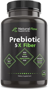 Prebiotic Fiber Supplement 5-in-1 Capsules - Natural Flow 5X Fiber XOS, GOS, FOS, Acacia and Agave Inulin, Daily Soluble Fiber Formula for Gut Support and Boost Good Bacteria Diversity, 120 Caps in Pakistan