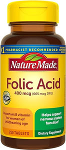 Nature Made Folic Acid 400 mcg (665 mcg DFE), Dietary Supplement for Nervous System Function, 250 Tablets, 250 Day Supply in Pakistan