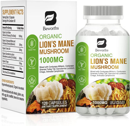B BEWORTHS Mushroom Supplement with 1000 mg Lions Mane, Lions Mane Mushroom Supplement, Lions Mane Supplement 120 Capsules, Cordyceps and Turkey Tail for Better Memory, Energy, Brain & Immune Health