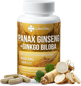 Ginseng & Ginkgo Biloba 100 Veggie Capsules, Energy Ginseng Root Extract Powder, with Ginkgo Biloba Extract, Supplement Pills for Brain and Boost Your Health, Non-GMO, Vegan, Gluten Free, Dairy Free in Pakistan