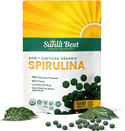 Sunlit Best - USDA Organic Spirulina Tablet - Natural Super Greens Supplements for Immune Support, Gut Health & Energy Drink Tablets with Chlorophyll, Vegan & High Protein Non GMO, 1000 Superfood Tabs in Pakistan