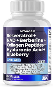 Resveratrol NAD+ Berberine Hyaluronic Acid - Biotin Grape & Blueberry Extract NAC - Collagen Peptides - Promotes Hair, Nail, Skin & Joint Supplement - 21-in-1 Women and Men - Made in USA - 60ct in Pakistan