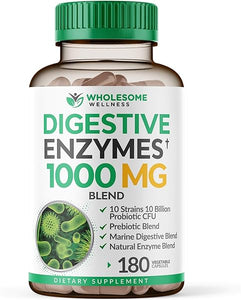 Wholesome Wellness Digestive Enzymes 1000MG Plus Prebiotics & Probiotics Supplement, 180 Capsules, Organic Plant-Based Vegan Formula for Digestion & Lactose with Amylase & Bromelain,3-6 Months Supply in Pakistan