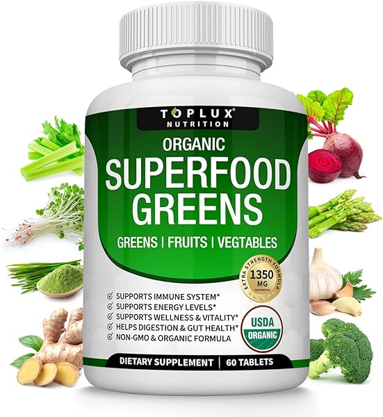 Organic Super Greens Capsules Superfood Fruit Veggie Supplement - 28 Powerful Natural Ingredients with Alfalfa, Beet Root, Tart Cherry & Ginger for Immune & Energy Support, for Men Women, 60 Tablets in Pakistan
