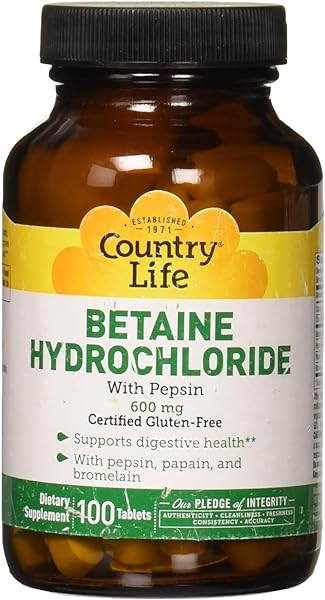 Country Life Betaine Hydrochloride with Pepsin, 600mg, 100 Tablets, Certified Gluten Free in Pakistan