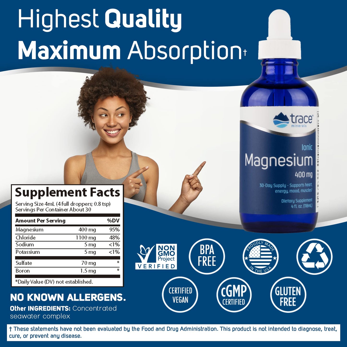 Trace Minerals | Liquid Ionic Magnesium 400 mg | Helps Maintain Essential Body Functions | 4 fl oz (32 Servings)