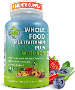 Vegan Whole Food Multivitamin with Iron, Daily Multivitamin for Women and Men, Made with Fruits & Vegetables, B-Complex, Probiotics, Enzymes, CoQ10, Omegas, Turmeric, Non-GMO, 90 Count in Pakistan