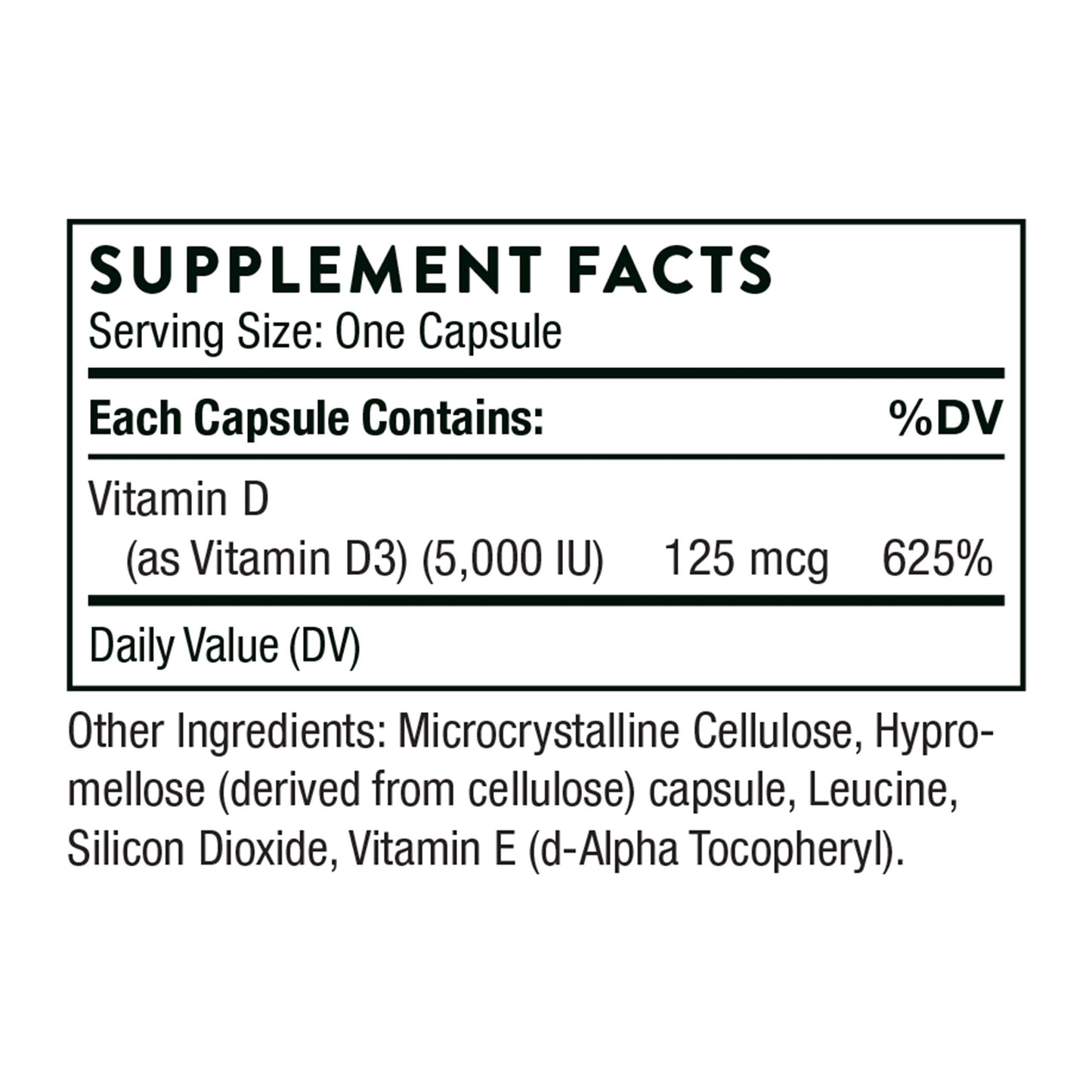 THORNE Vitamin D-5000 - Vitamin D3 Supplement - Support Healthy Bones, Teeth, Muscles, Cardiovascular, and Immune Function - NSF Certified for Sport - Dairy-Free, Soy-Free - 60 Capsules