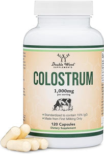 Colostrum Supplement 120 Capsules, 1,000mg per Serving (Bovine Colostrum Powder from First Milking Only, Std. to Contain 15% IgG Immunoglobulins) No Fillers, Made in The USA by Double Wood in Pakistan