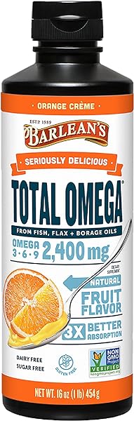 Barlean's Total Omega 3 Fish Oil Liquid Supplement, Orange Crème Flavored with Borage Oil and Flaxseed Oil, 2,400 mg of Omegas 3 6 9 EPA and DHA Plus GLA, 16 oz in Pakistan