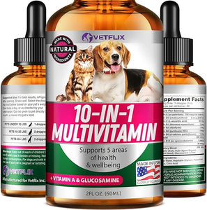 Pet Vitamins 10-in-1 Made in USA - Natural Glucosamine for Dogs & Cats, Essential Multivitamin Blend for Pet Joint Health, Longevity, Gut & Immune Health - All Ages, Breeds and Sizes 2 fl oz in Pakistan