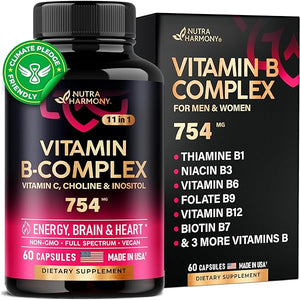 Vitamin B Complex - 11-in-1 B-Complex: B1, B2, B3, B5, B6, B7, B8, B9, B12 with Vitamin C, Choline, Inositol - for Men & Women - Made in USA - Energy, Brain & Heart Support Supplements - 60 Vegan Caps in Pakistan