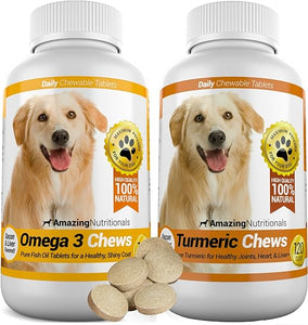 Amazing Combo Omega-3 Fish Oil and Turmeric Curcumin for Dogs - Pure All-Natural Pet Antioxidant - Promotes Shiny Coat, Brain Health, Eliminates Joint Pain, 120 Tasty Chews x 2 in Pakistan