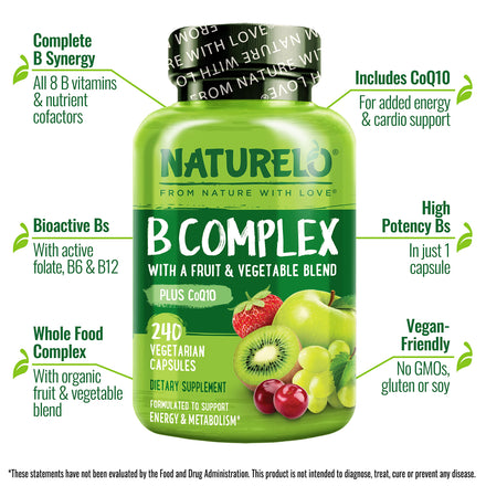 NATURELO B Complex - Whole Food Complex with Vitamin B6, Folate, B12, Biotin - Supplement for Energy and Stress - High Potency - Vegan - Vegetarian - Non GMO - Gluten Free - 240 Capsules