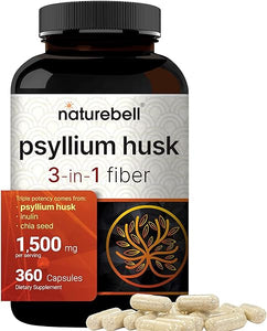 NatureBell Psyllium Husk Capsules 1500mg Per Serving, 360 Count, with Inulin & Chia Seed –Soluble Fiber for Digestion – Plant Based Herbal Fiber Supplement, Non-GMO, Gluten Free in Pakistan