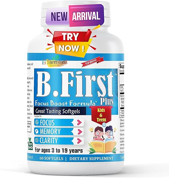 B.First Plus Kids Brain Focus Supplement with EPA DHA & Omega 3 6 9, Promotes Healthy Brain Function, Attention, Memory, Focus & Clarity for Kids 60- Chewable Softgels Vitamins for Kids & Teens in Pakistan