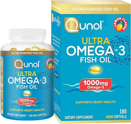 Qunol Fish Oil Omega 3 Mini Softgels, 1000mg Omega 3 EPA + DHA, Ultra Pure Supplements, Heart Health Support, Lemon Flavor, Easy to Swallow Minis, 3 Month Supply, 180 Count in Pakistan