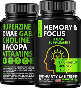 Nootropic Brain Supplements for Memory & Focus with GABA, Choline, DHA - Brain Health Support: Phosphatidylserine, Bacopa Monnieri, Huperzine A - Green Tea Extract, DMAE for Energy Boost - 60 Capsules in Pakistan