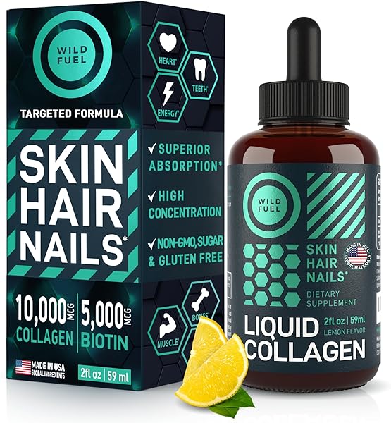 Liquid Collagen Peptides with Biotin Vitamins for Hair Skin and Nails - Biotin and Collagen Supplements - 10,000mcg Liquid Collagen for Women and Men 5,000mcg Biotin - Lemon Flavor, 2-Month - 2 oz in Pakistan